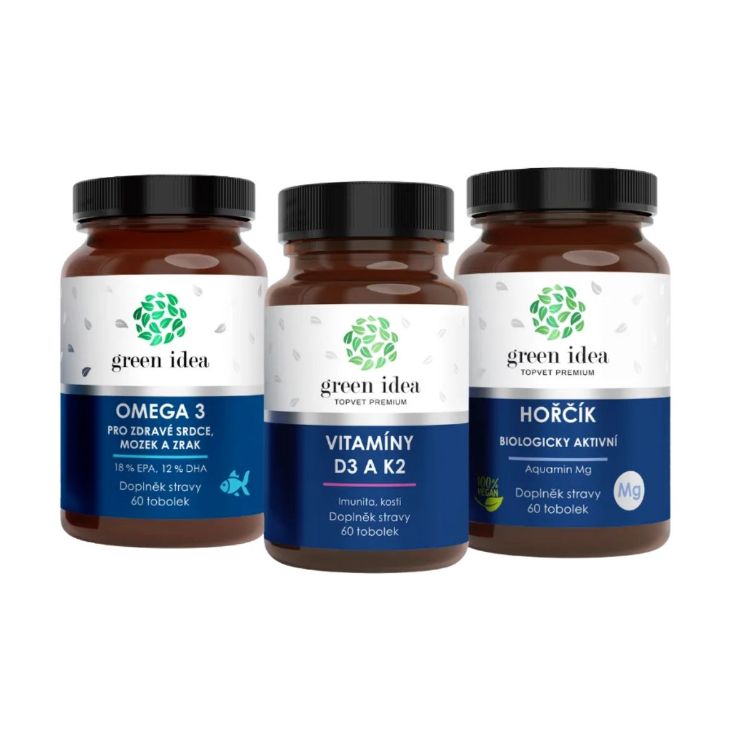 Obrázek Zvýhodněný set Vitalita: Hořčík + Omega 3 + Vitaminy D3 K2 – Green idea