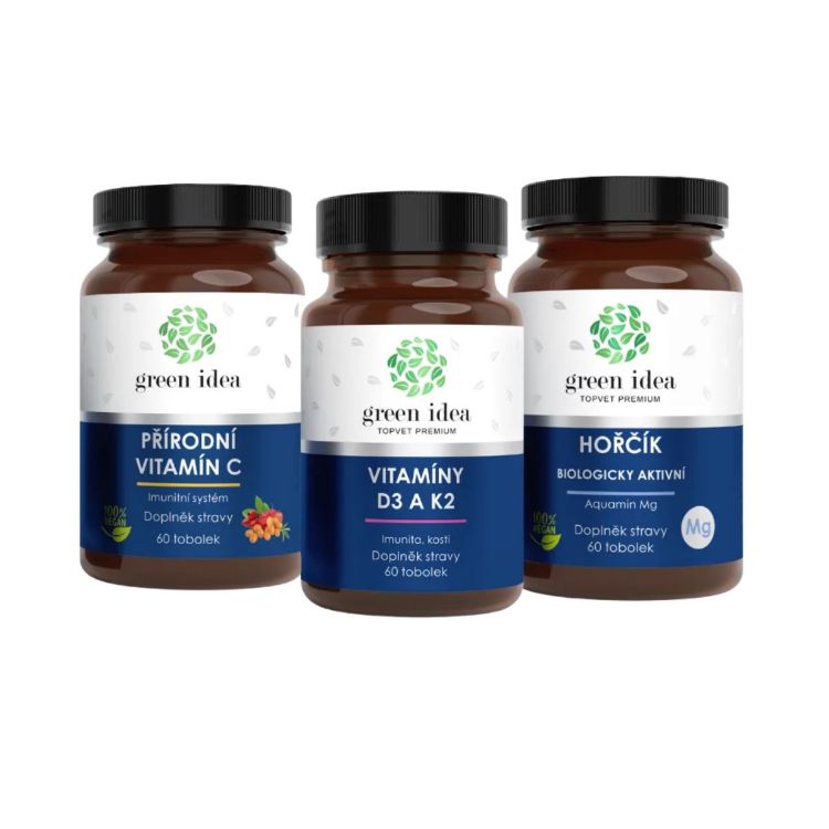Obrázek Zvýhodněný set Svaly, kosti a imunita: Hořčík + Vitaminy D3 K2 + Vitamin C – Green idea