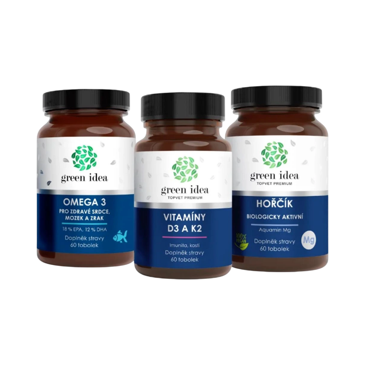 Obrázek Zvýhodněný set Vitalita: Hořčík + Omega 3 + Vitaminy D3 K2 – Green idea