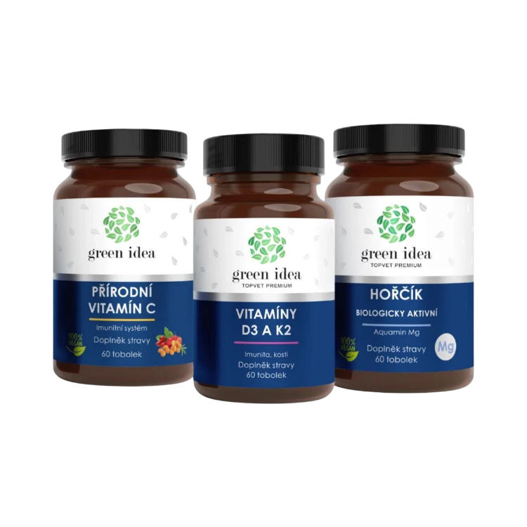 Obrázek Zvýhodněný set Svaly, kosti a imunita: Hořčík + Vitaminy D3 K2 + Vitamin C – Green idea